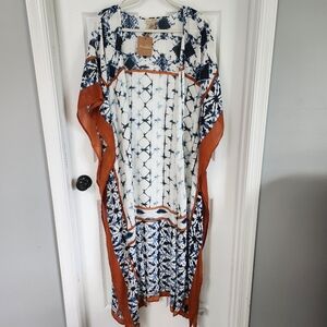 Nalini Blue and White Tie Dye Boho Long Kimono with Brown / Rust Edge Accent NWT